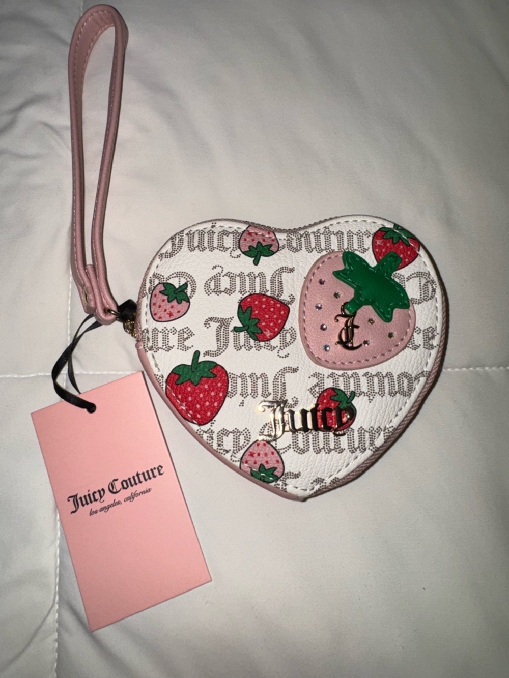 Juicy Couture White Heart Wristlet with Pink Strap & Strawberry Print